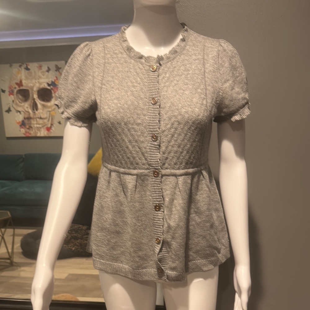 Juicy Couture Gray Peplum Blouse with Puff Sleeves and Peter Pan Collar